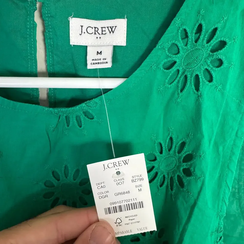 J.Crew Eyelet Shell Tank Top SZ M Dublin Green Lined Sleeveless Crew Neck Cotton